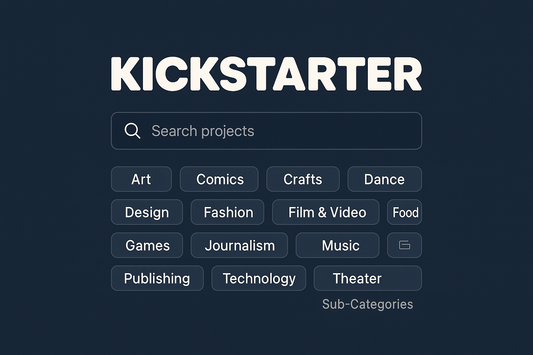 Kickstarter（在图中突出显示） Search Bar and Category Options as below:
Art,Comics,Crafts,Dance,Design,Fashion,Film & Video,Food,Games,Journalism,Music,Photography,Publishing,Technology,Theater,Sub-Categories
Please use background color by Dark Blue RGB (19,36,58)